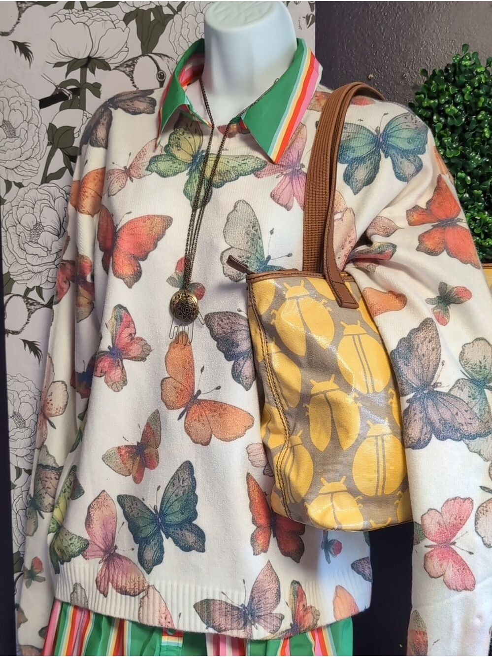 Butterfly Print Crewneck Sweater - Cream with Multicolor Butterflies